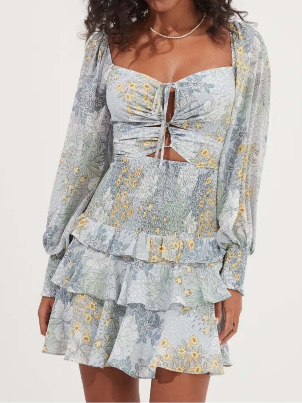 ASTR Marietta Smocked Tiered Mini Dress in Blue Floral Multi Size S